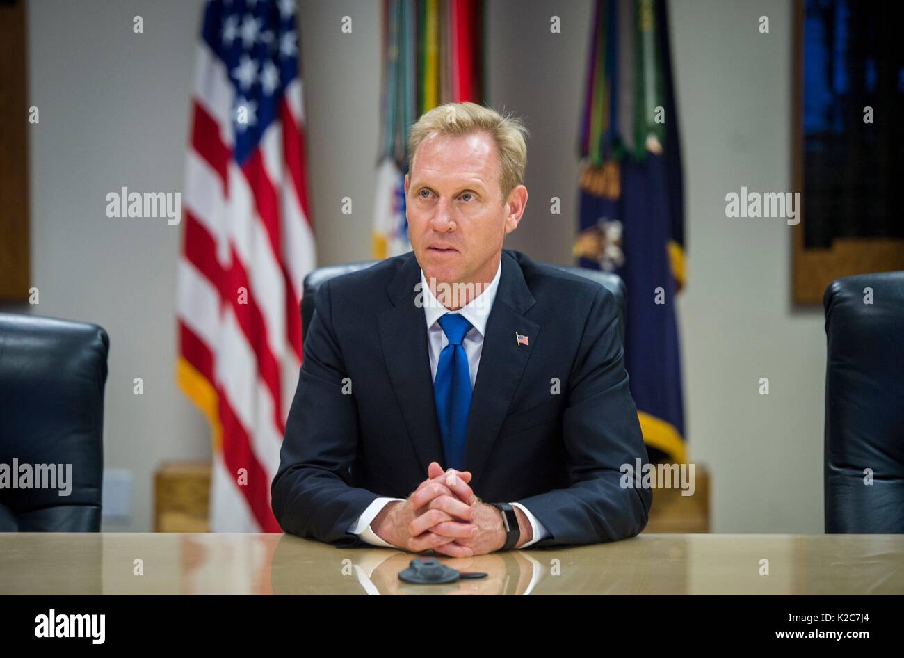 U.S. Deputy Secretary of Defense Pat Shanahan visits the Joint Base Myer-Henderson Hall August 14, 2017 in Fort Myer, Virginia. Stock Photo