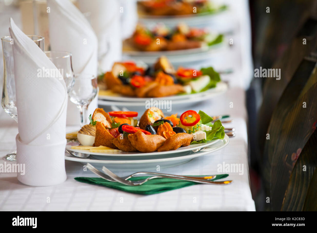 Different tasty appetizers on luxury banquet or wedding table Stock ...