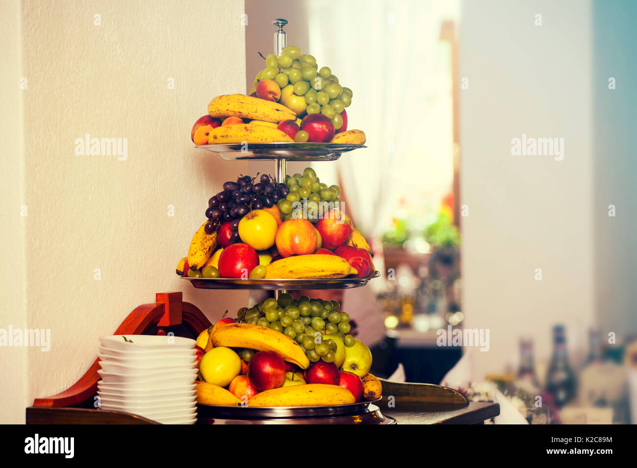 Fruits arrangement. Fresh various fruits elegant decoration.Wedding ...
