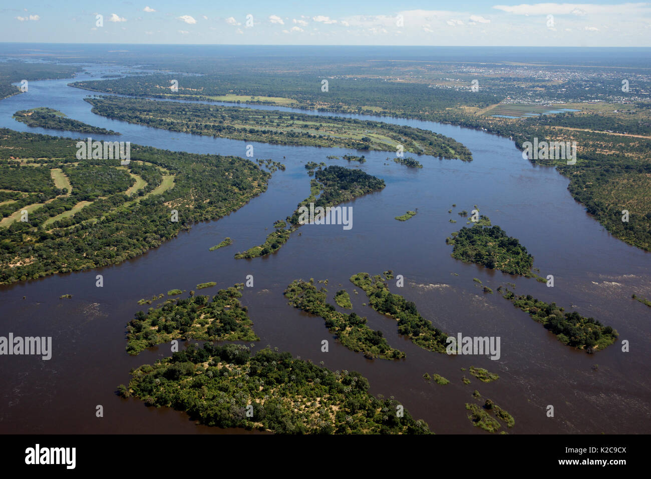 Aerial view Zambezi River with Elephant Hills golf course Zimbabwe on