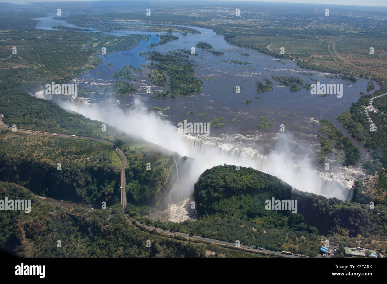Panoramic aerial view Victoria Falls in full force Zambia/Zimbabwe Stock Photo