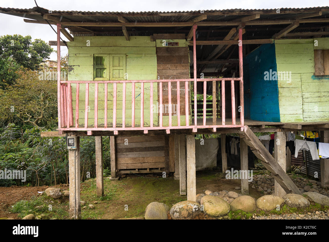 June 8, 2017 Jondachi, Ecuador wood plank house built on stilts in the