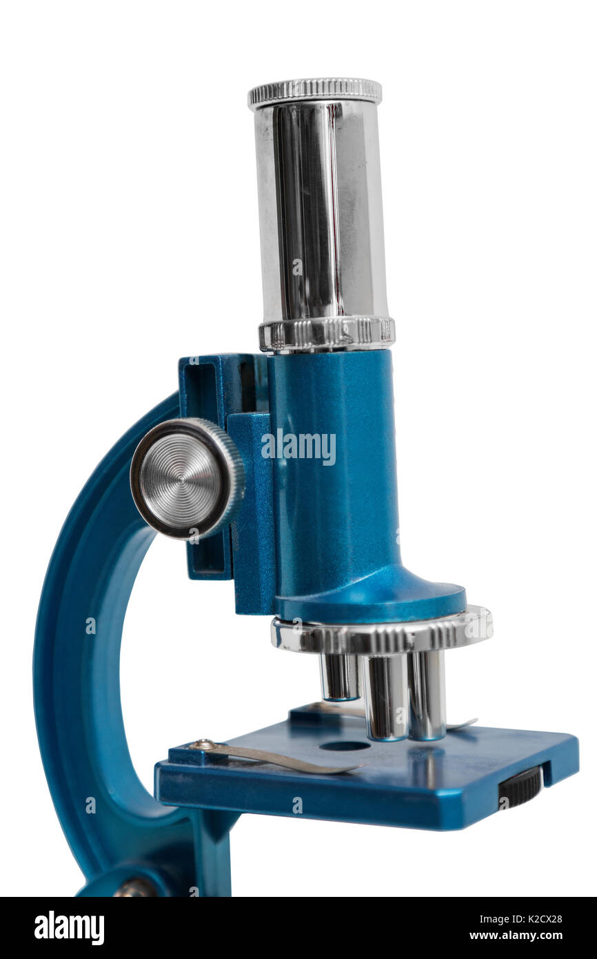 Blue metal shiny new microscope with three lenses for magnification