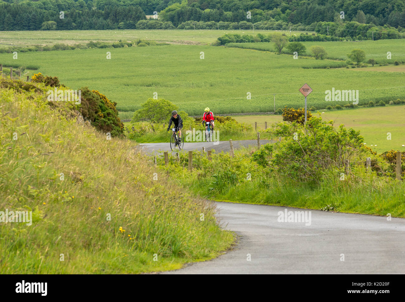 Cyclists cycling up Dreva Hill, Cycle Law Scotland Skinny Tweed 2017 bike event, Peebles, Scottish Borders, Scotland, UK Stock Photo