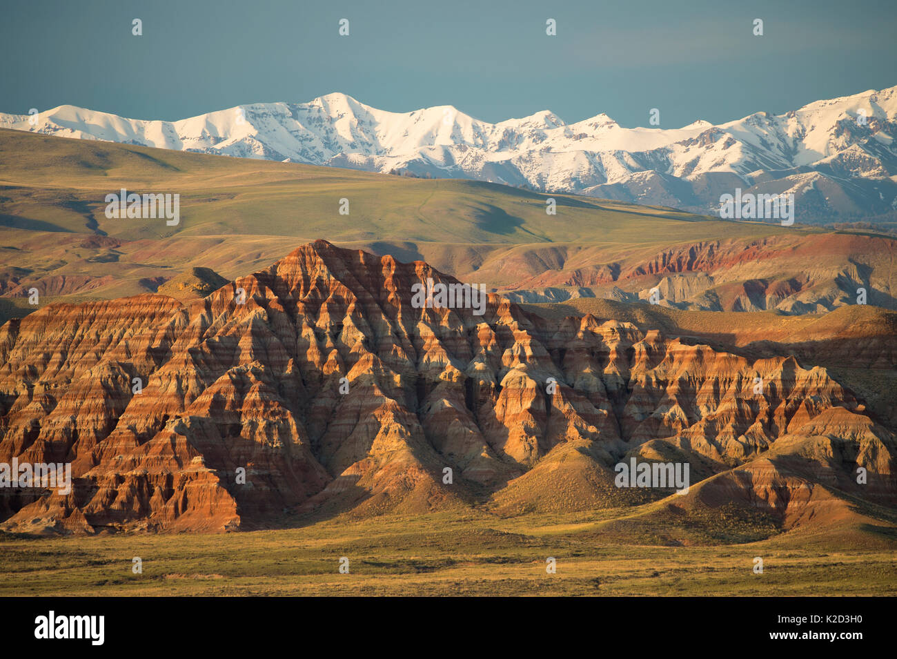 Dubois Badlands with the Absaroka snow capped mountains in the background. Dubois, Wyoming, USA, May 2015. Stock Photo