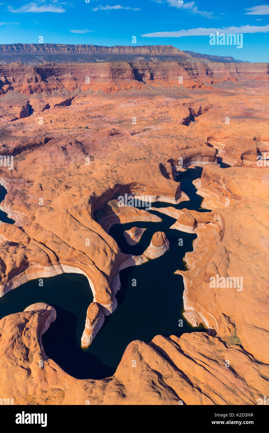 Aerial view of Lake Powell, near Page, Arizona and the Utah border, USA, February 2015. Lake Powell is a reservoir on the Colorado River, and is the second largest man made lake in the USA. Stock Photo