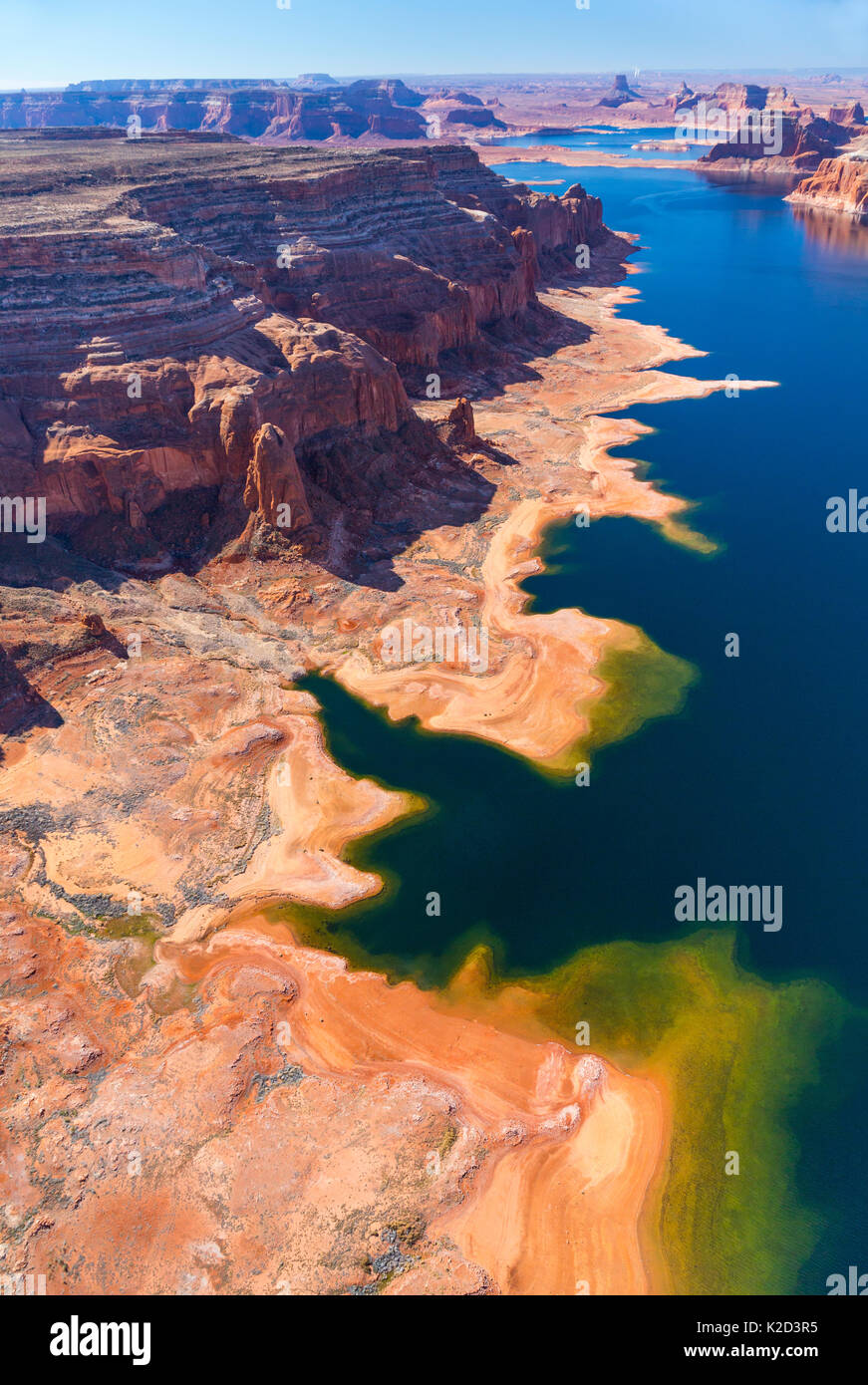 Aerial view of Lake Powell, near Page, Arizona and the Utah border, USA, February 2015. Lake Powell is a reservoir on the Colorado River, and is the second largest man made lake in the USA. Stock Photo