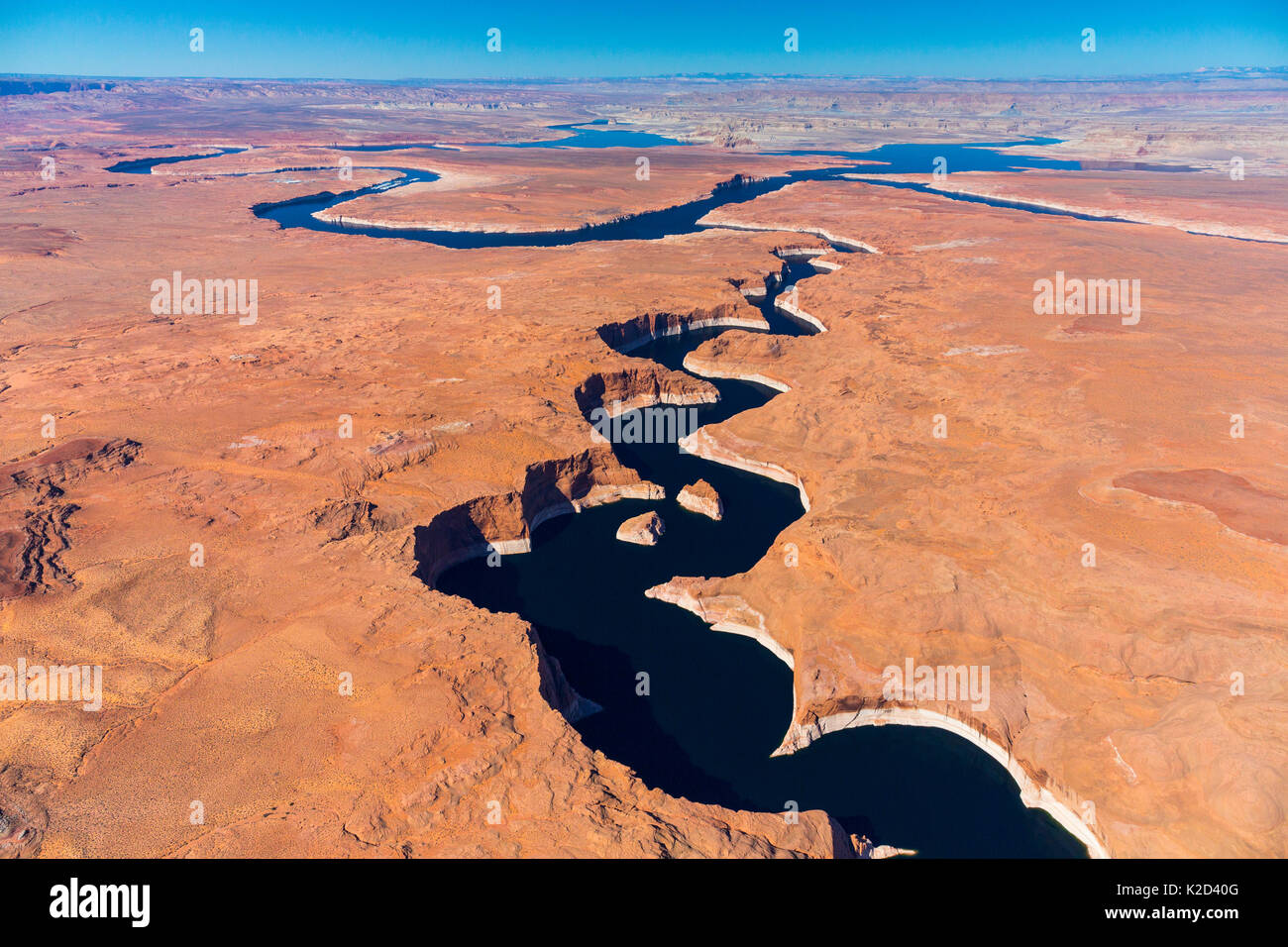 Aerial view of the Colorado River, Lake Powell, Page, Arizona, USA, February 2015. Lake Powell is a reservoir on the Colorado River, and is the second largest man made lake in the USA. Stock Photo