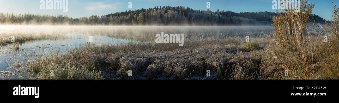 Panoramic landscape of misty lake on a cold autumn morning, Jyvaskyla, Central Finland, October 2015. Stock Photo