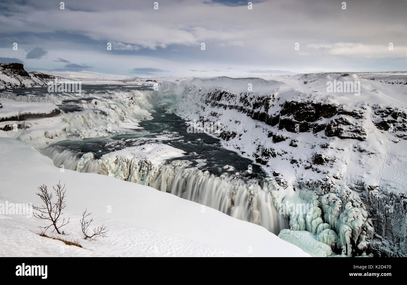 Partially Frozen Gullfoss Waterfall On The Hvita River Hi-res Stock 