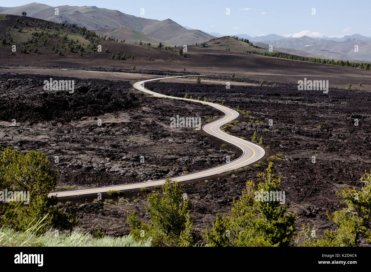 Road through the Big Sink along the Great Riff, Craters Of The Moon National Monument, Idaho, USA, June 2015. Stock Photo