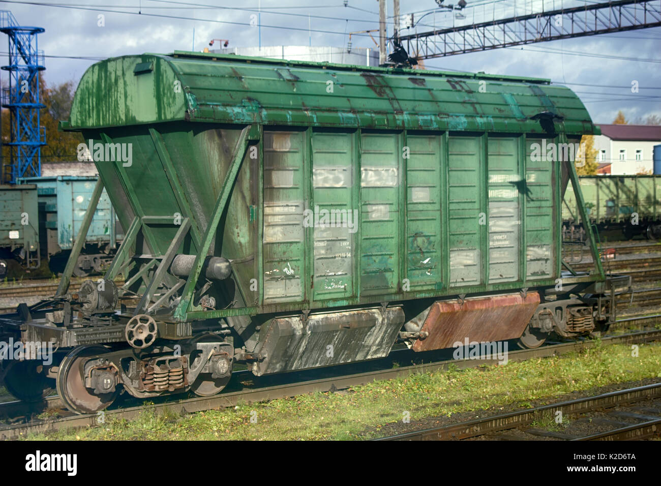 rail transportation of different goods. cars of train in summer Stock