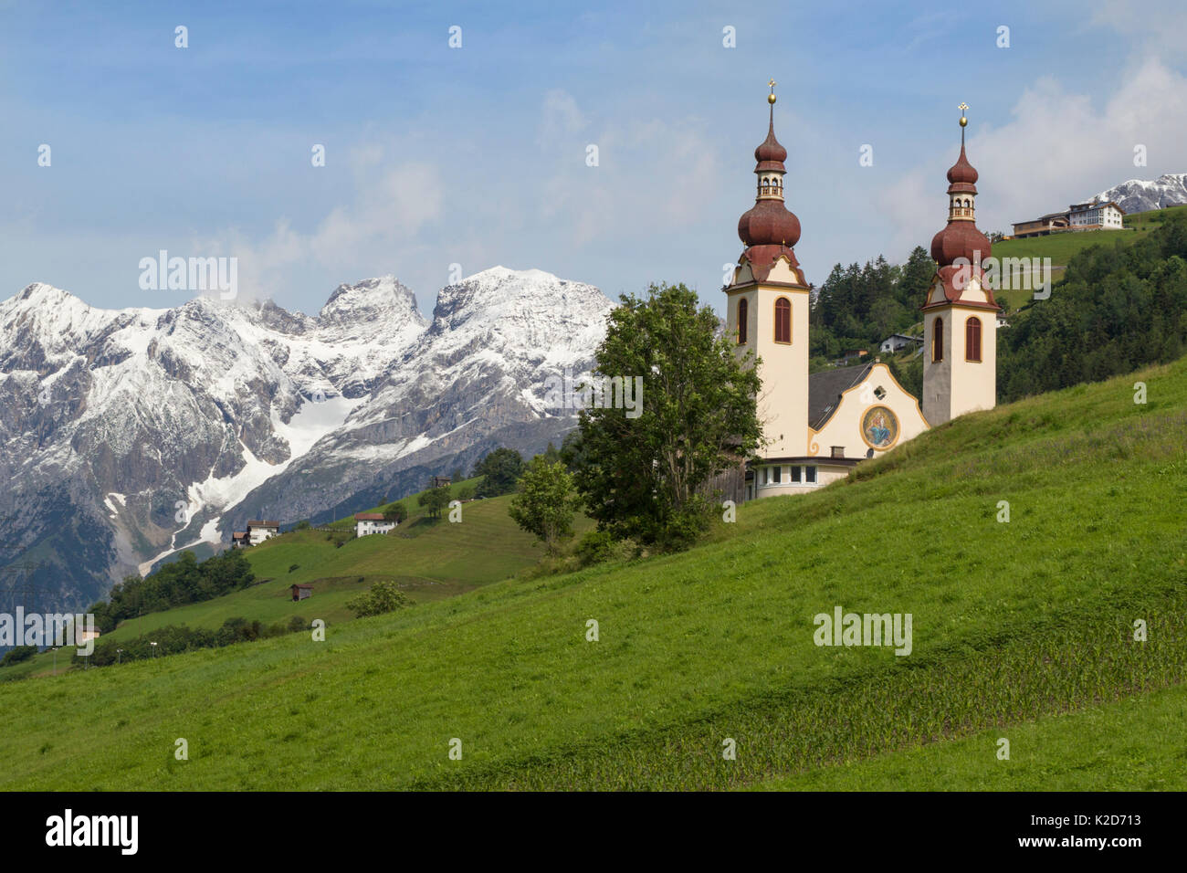 Church in the village of Fliess. Nordtirol, Austrian Alps. June. Stock Photo