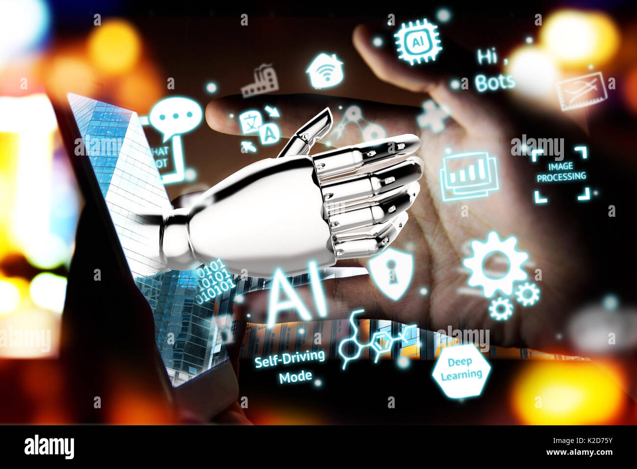 Robotic , artificial intelligence , robo advisor , chatbot concept. 3D rendering of Robot hand pop up out of mobile phone and neural network ai indust Stock Photo