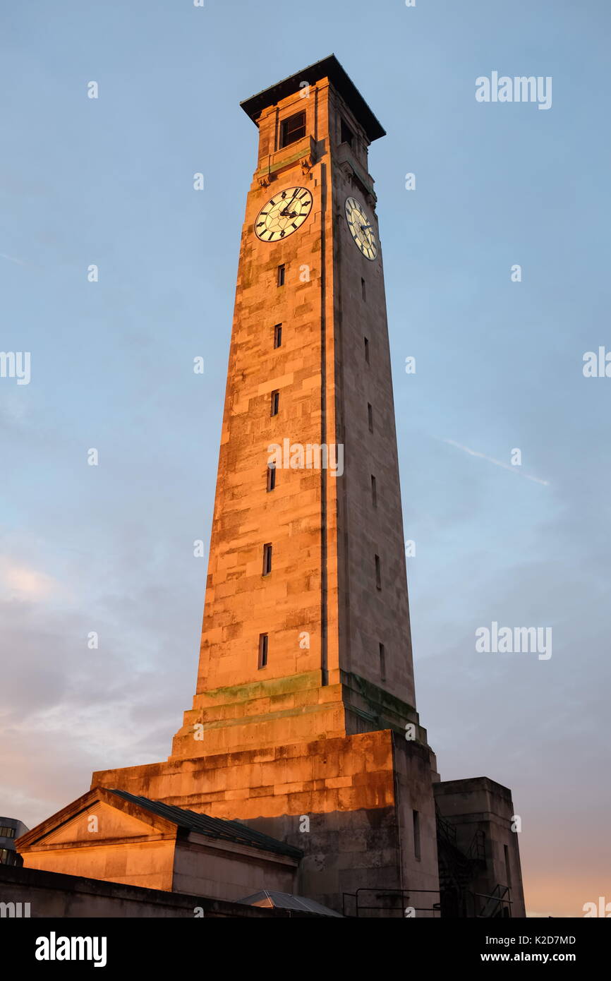 Southampton Civic Centre clock tower rises into the sky at dusk Stock Photo