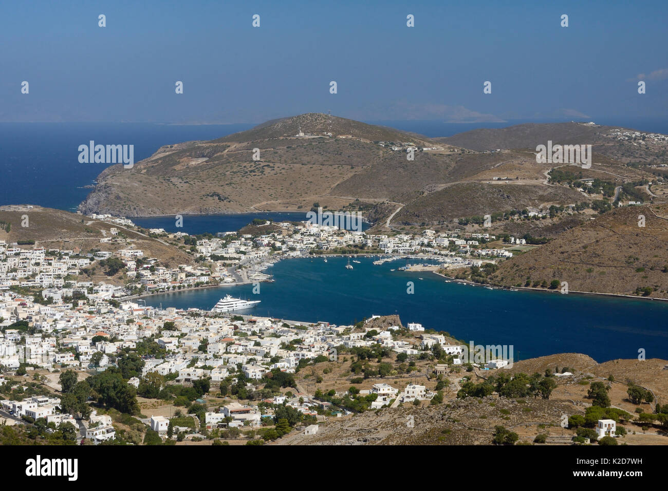 Landscape of Skala harbour, Patmos, Dodecanese Islands, Greece, August 2013. Stock Photo
