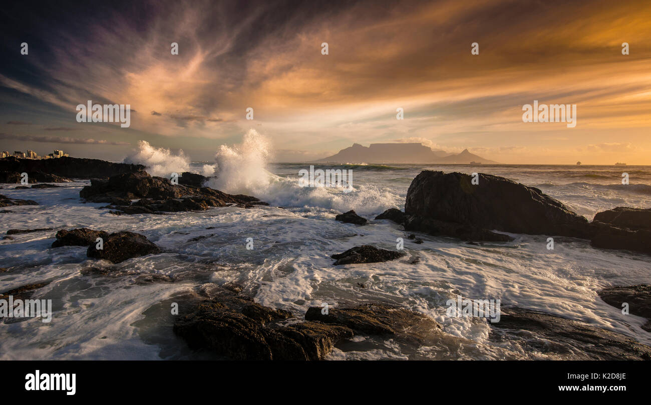Table Mountain viewed from across the sea at sunset, Cape Town, South Africa Stock Photo