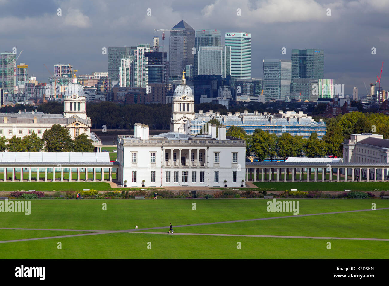 Landscape of Canary Wharf and Central London from Greenwich Park, London, England, UK, September 2015. Stock Photo