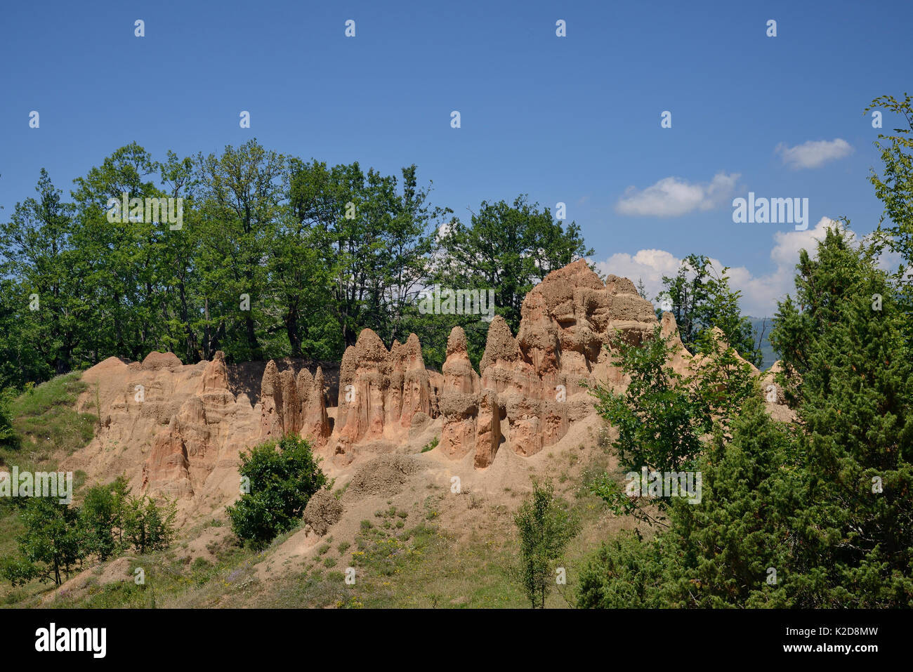 Heavily eroded towers of weathered soft sandstone / conglomerate on a mountain ridge, Miljevina, near Foca, Bosnia and Herzegovina, July 2014. Stock Photo