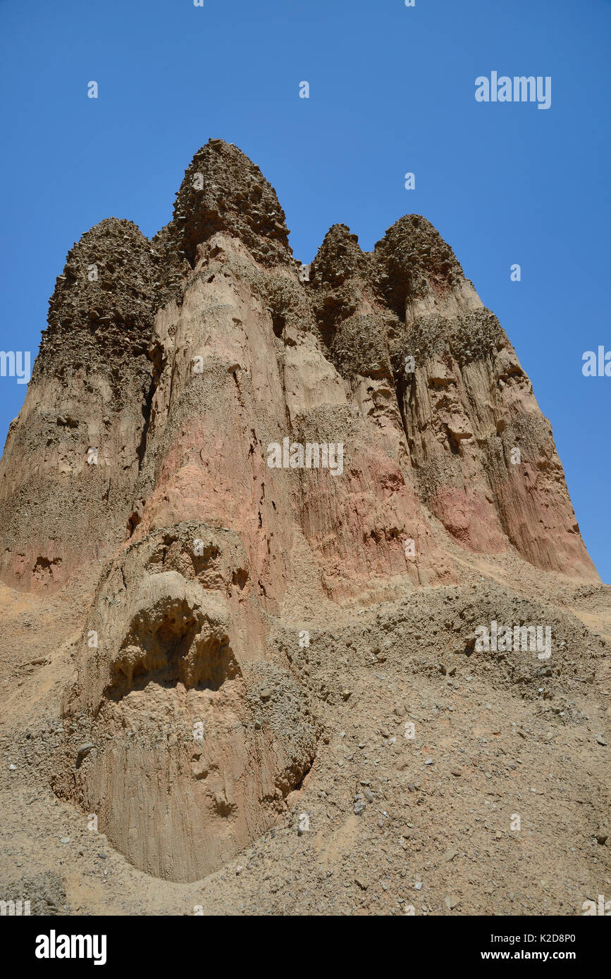 Towers of heavily eroded and weathered soft sandstone / conglomerate, Miljevina, near Foca, Bosnia and Herzegovina, July 2015 Stock Photo