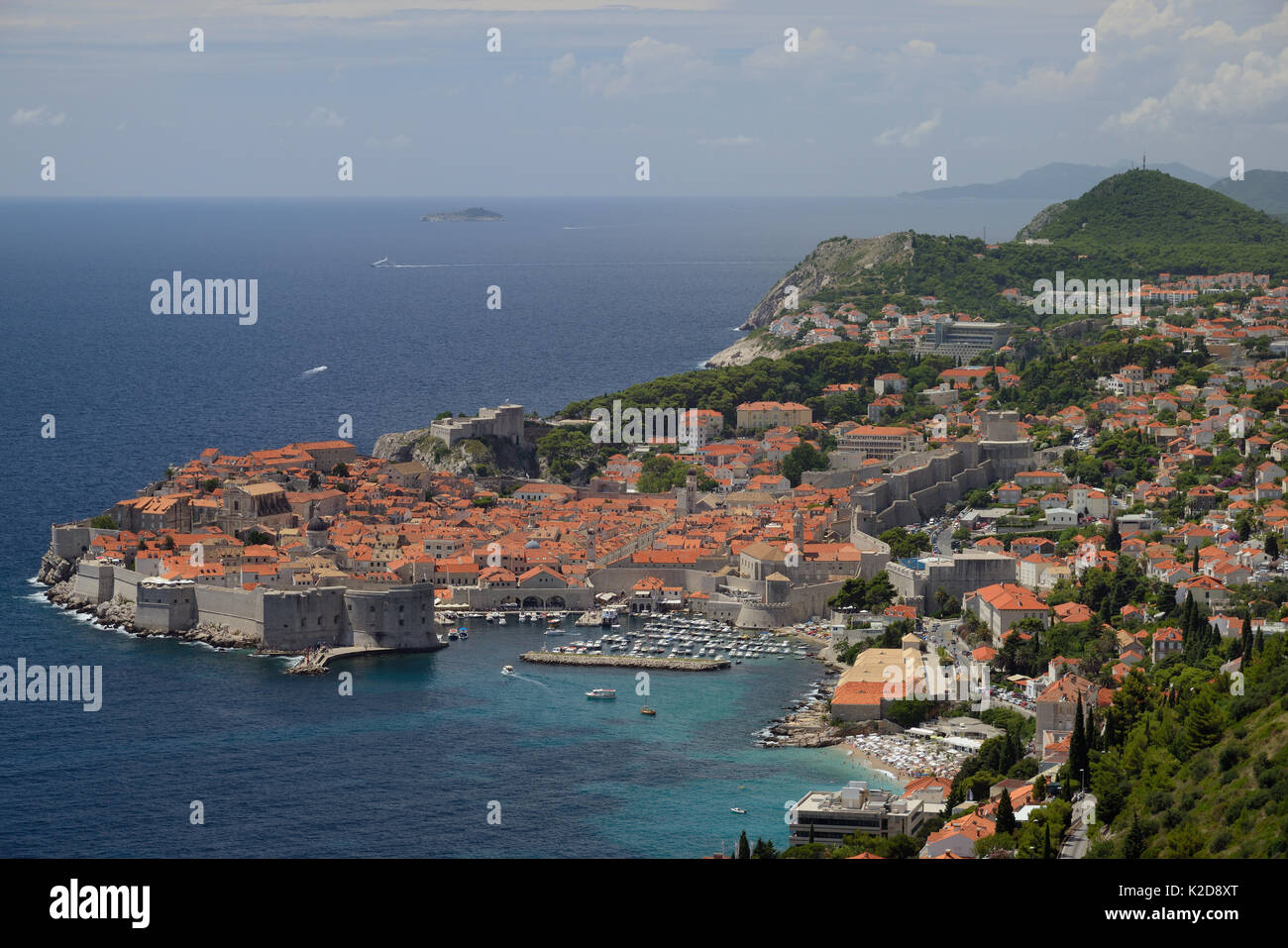 View of Dubrovnik old town and ancient city walls, Croatia, July 2014. Stock Photo