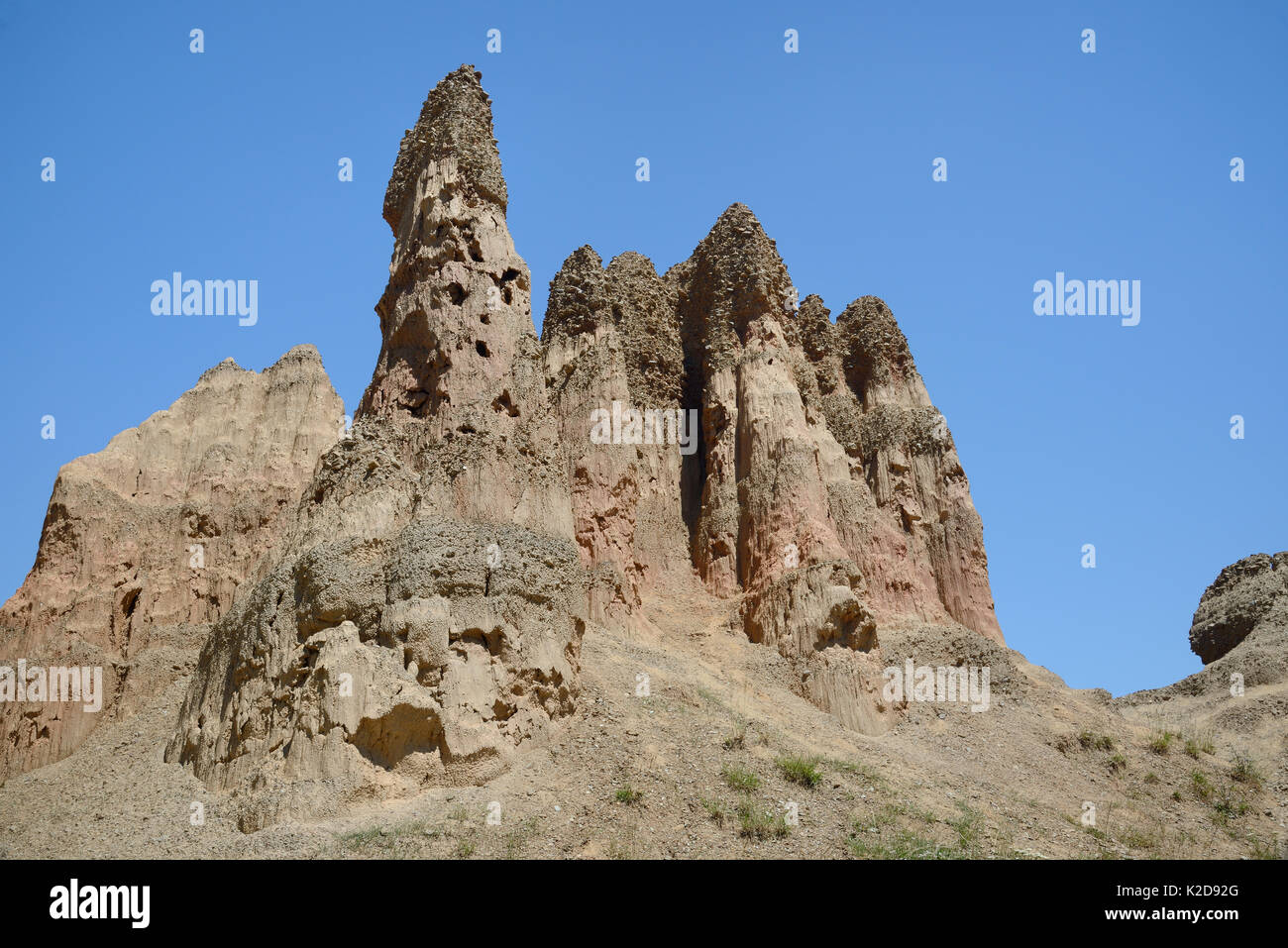 Towers of heavily eroded and weathered soft sandstone / conglomerate, Miljevina, near Foca, Bosnia and Herzegovina, July 2015 Stock Photo