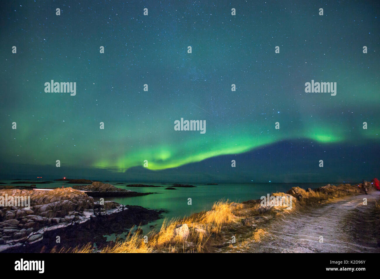 Northern lights showing above coast close to Andenes Lighthouse, Andenes, Andoya island, North Atlantic Ocean, Norway, January 2016 Stock Photo