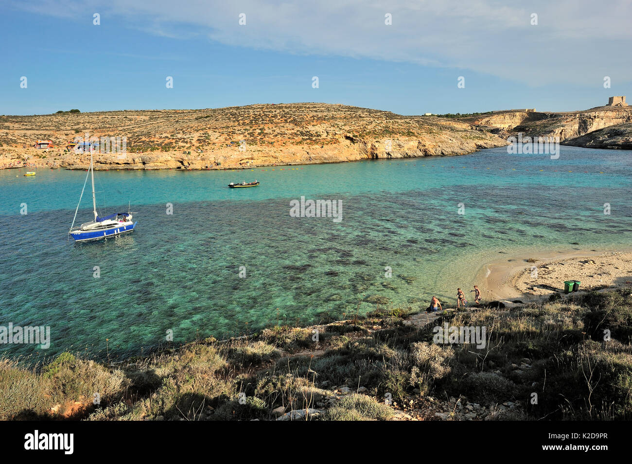 Blue Lagoon cove, a popular site for boats to visit, Comino Island, Malta, Mediterranean Stock Photo