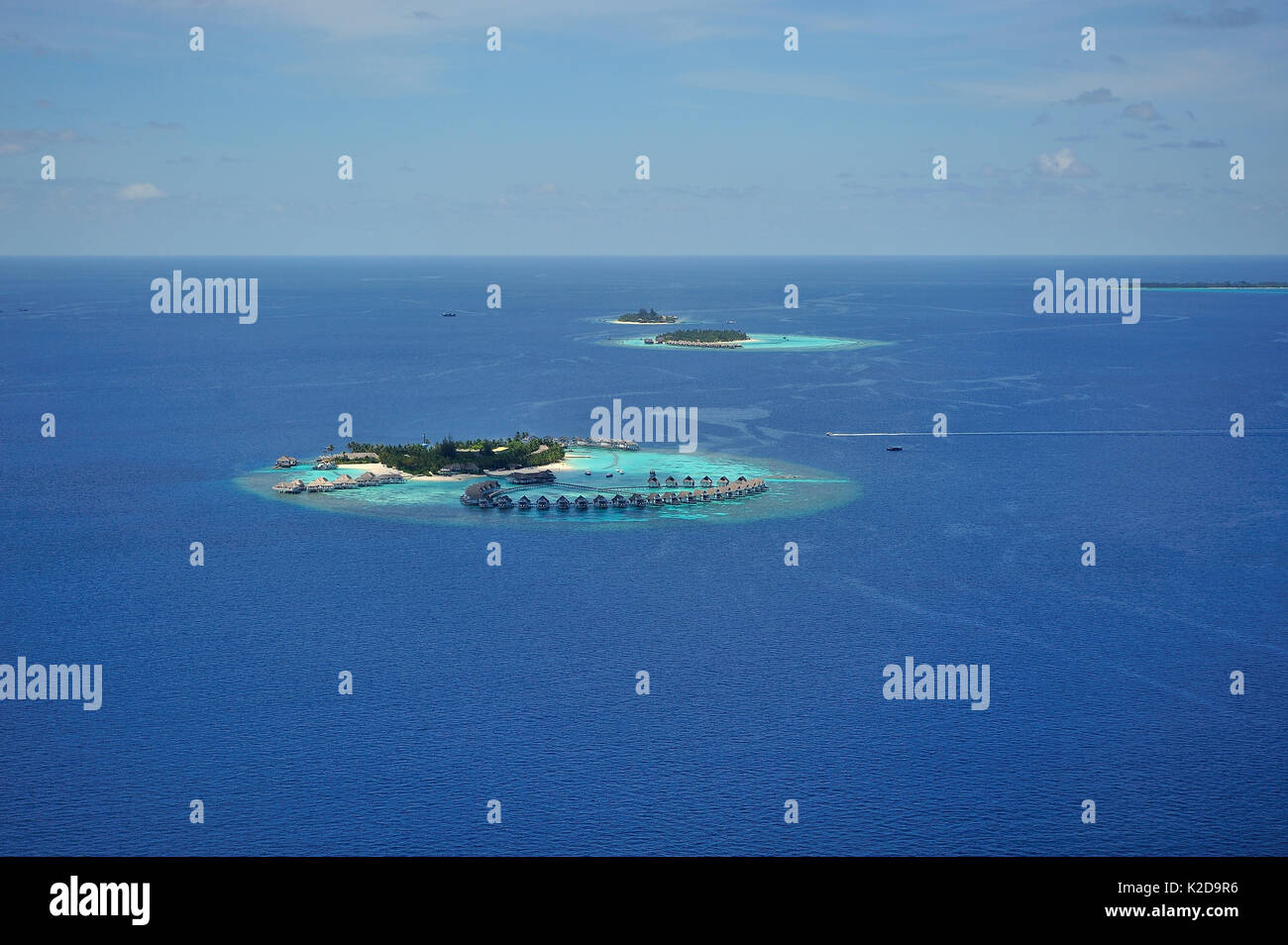 Aerial view of the islets and the lagoons which make the atoll, Maldives, Indian Ocean Stock Photo