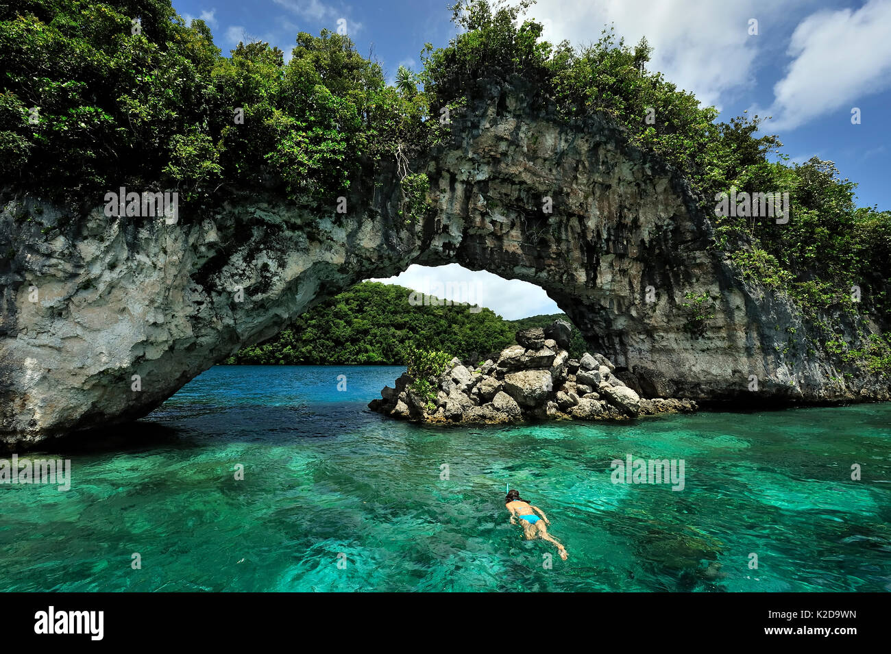 Snorkeler in front of the Arch among the rocky islands, Koror, Palau, Philippine Sea Stock Photo