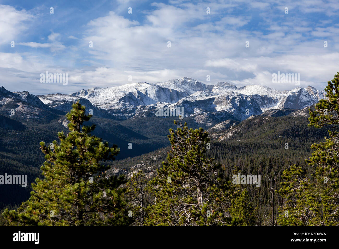 Early snow on summit peaks of Wind River Range from Smith Lake Trail, Popo Agie Wilderness, Wyoming, USA. September 2015. Stock Photo