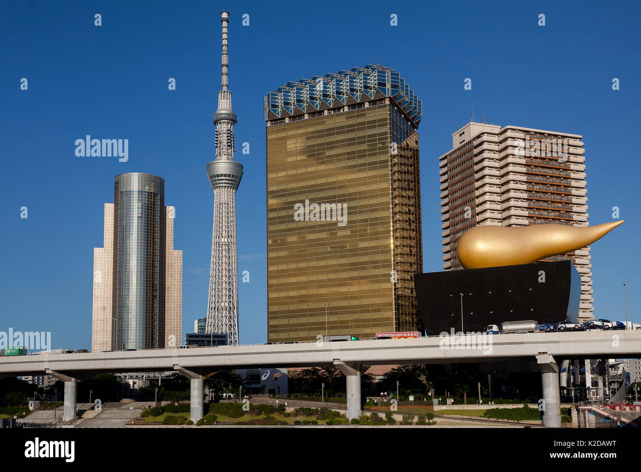 Iconic skyline of Tokyo Skytree and the Asahi Beer Hall from Asakusa Tokyo, Japan. Stock Photo