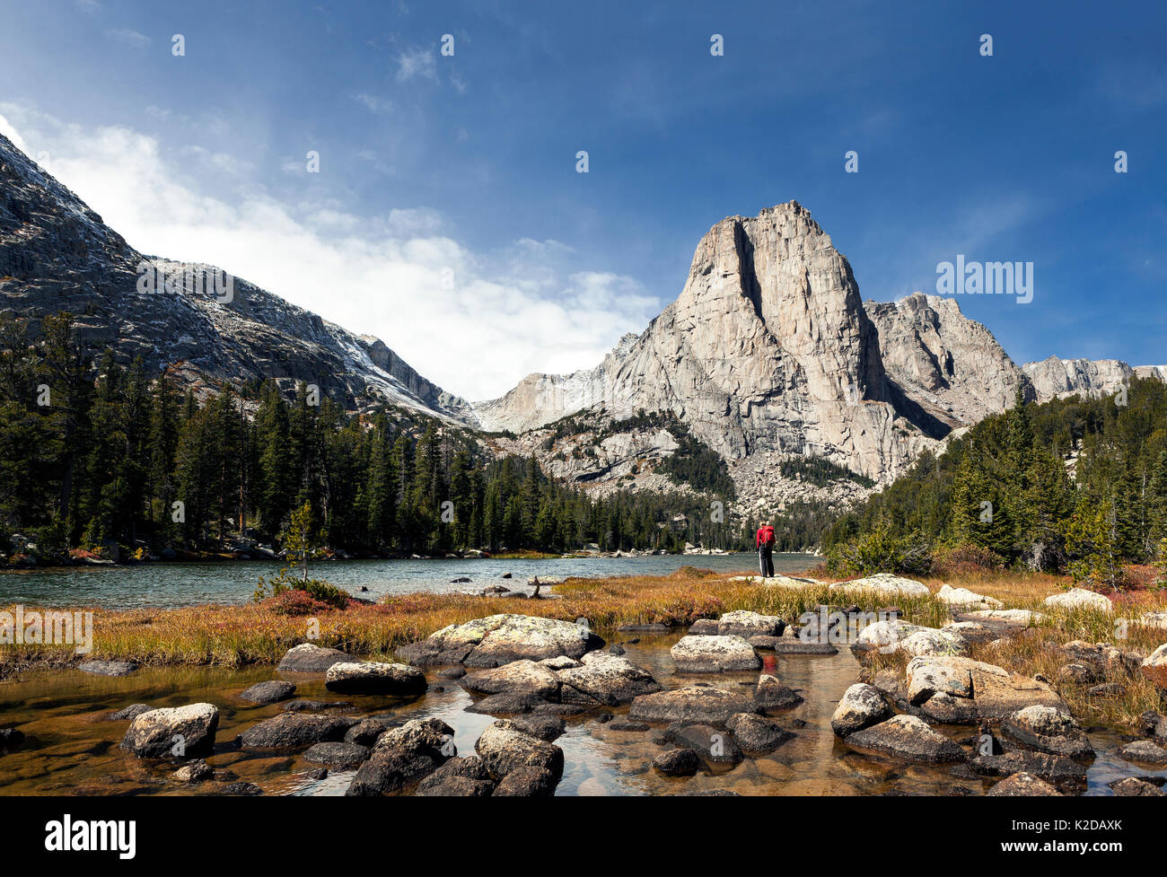 Cathedral Peak from Middle Lake, Popo Agie Wilderness, Wind River Range, Shoshone National Forest, Wyoming, USA. September 2015. Model released. Stock Photo