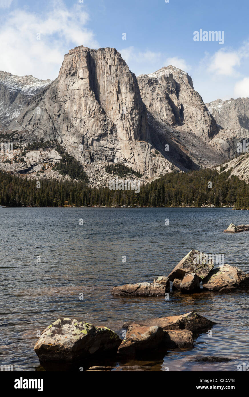 Cathedral Peak from Middle Lake, Popo Agie Wilderness, Wind River Range, Shoshone National Forest, Wyoming, USA. September 2015. Stock Photo