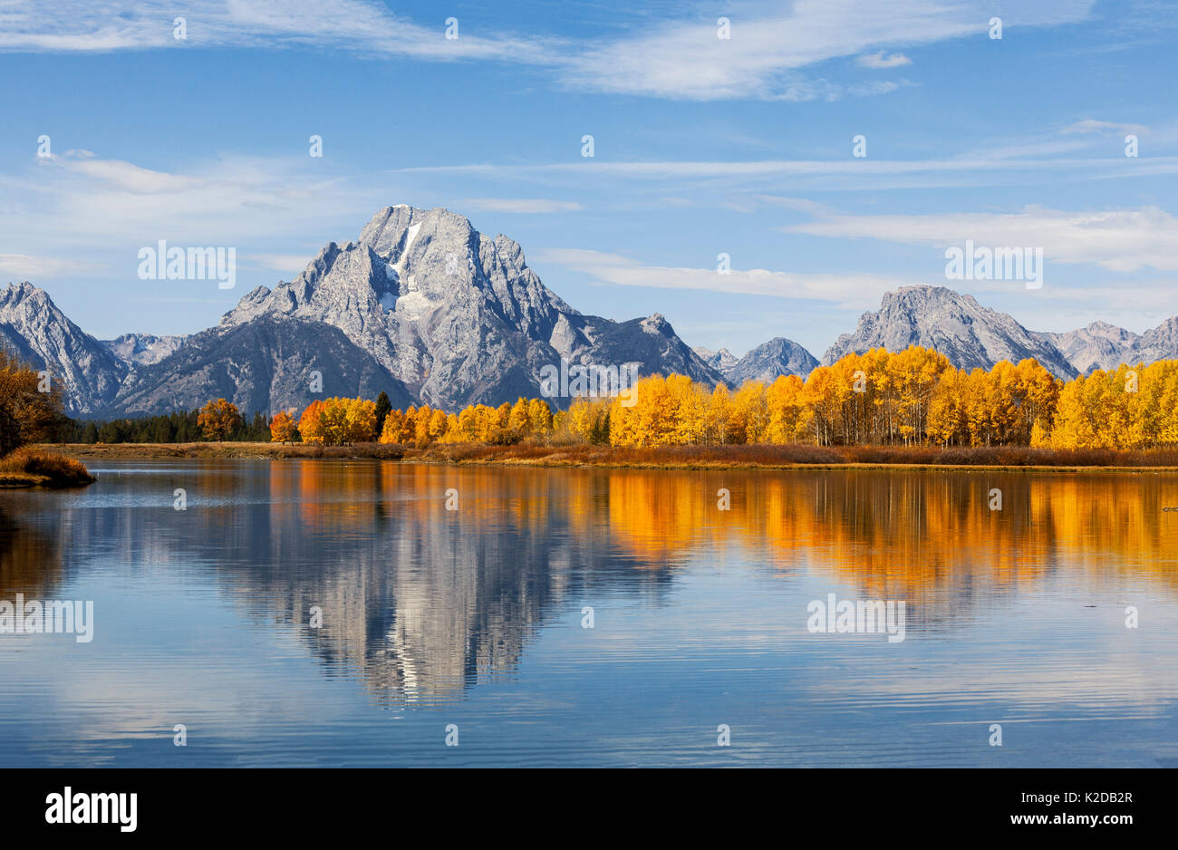 Aspen trees and Mount Moran from Ox Bow Bend on Snake River, Grand Teton National Park, Wyoming, USA. September 2015. Stock Photo