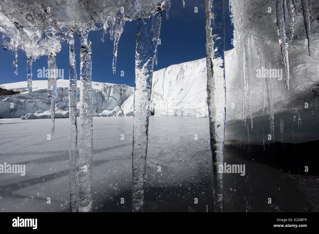 Glacier cave with icicles, Pastoruri Glacier 5200m above sea level, Cordillera Blanca, Andes, Peru Stock Photo