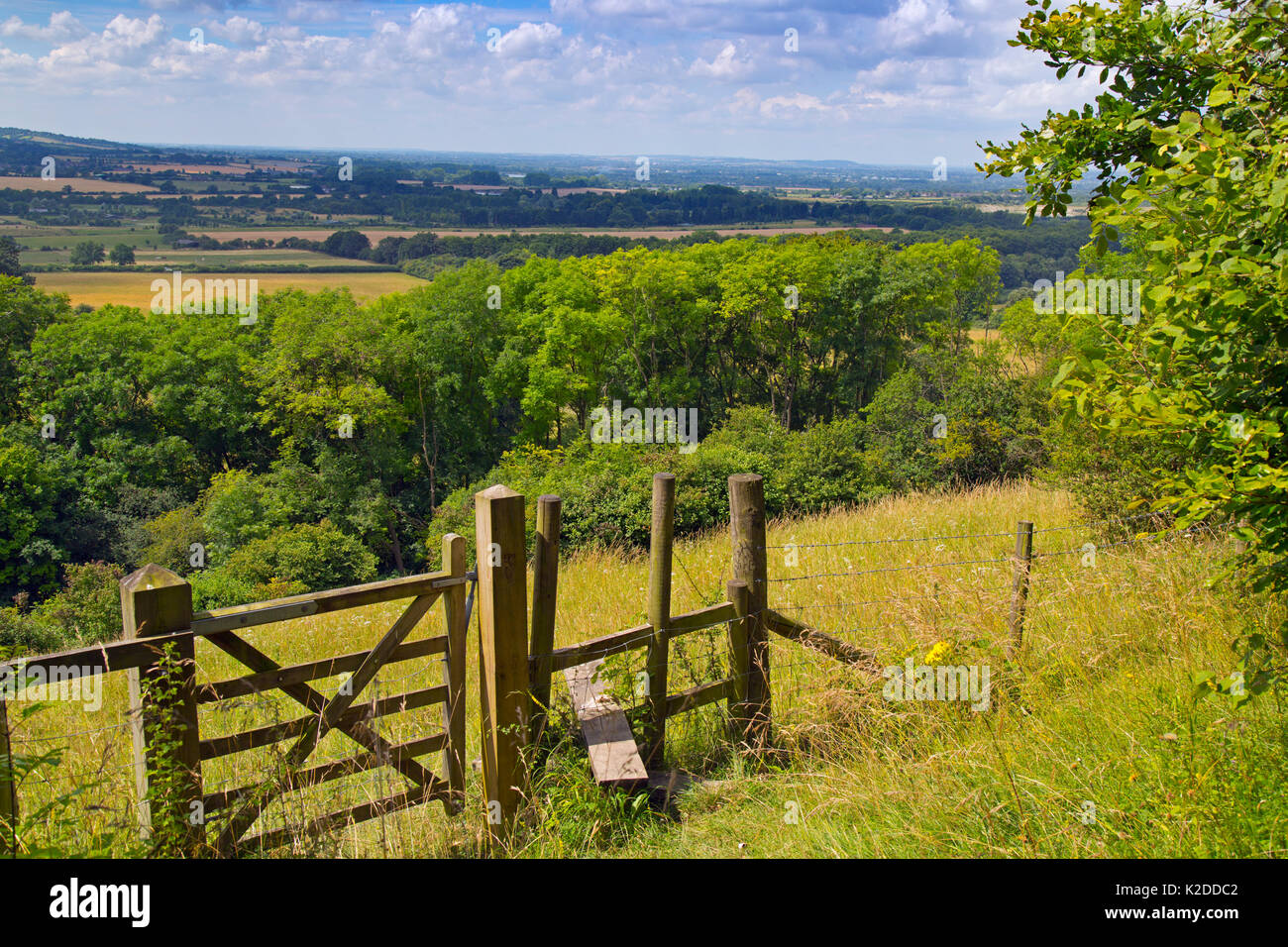 Stile and footpath, Aldbury Nowers Nature Reserve, the Chilterns, Hertfordshire, UK, July 2016, Stock Photo