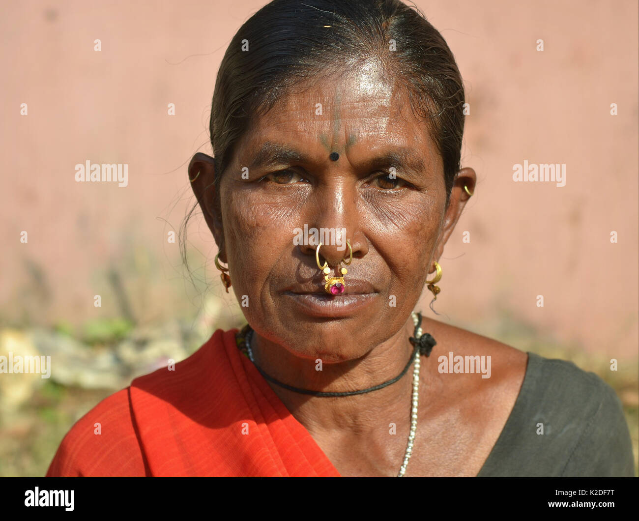 Indian Adivasi woman (Desia Kondh tribe, Kuvi Kondh tribe) with a tattoo on her forehead and gold-and-gemstone nose jewellery poses for the camera. Stock Photo