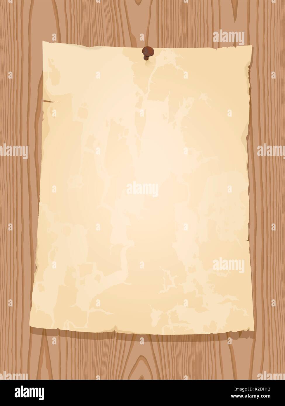 Vintage paper sheet on wooden background with nail - illustration Stock