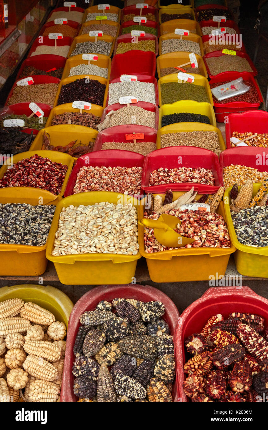 Shop selling many types of Peruvian corn, San Pedro Market, Cusco, Peru, South America Stock Photo
