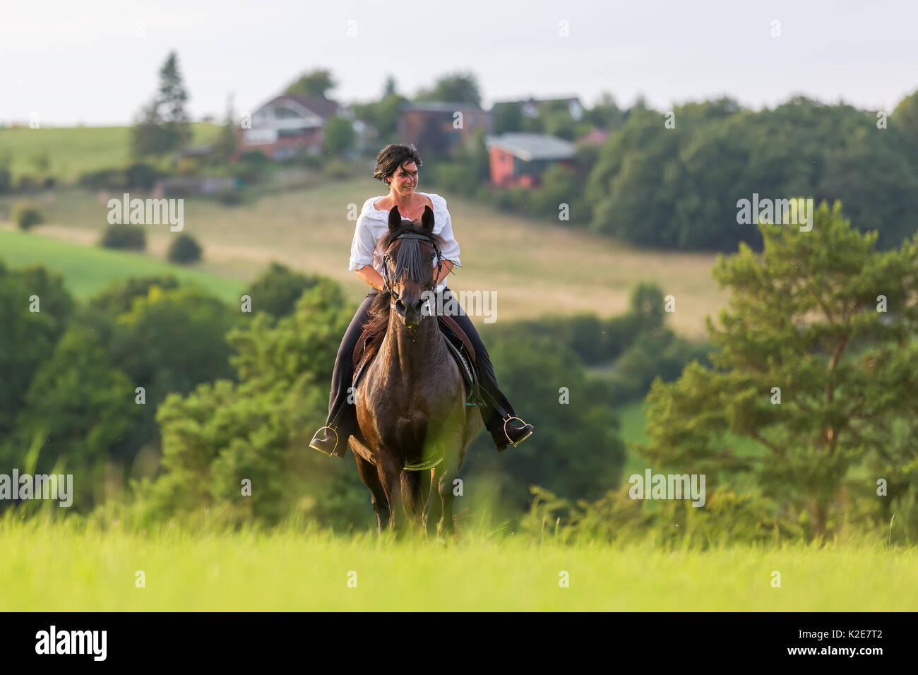 mature woman riding an Andalusian horse in a country landscape Stock Photo