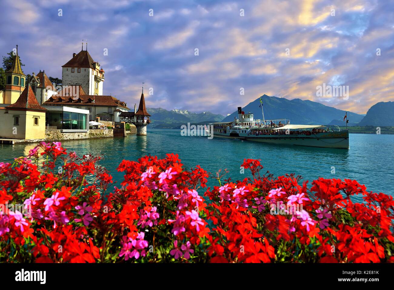 Steam boat with castle Schloss Oberhofen on the Thunersee, behind Bernese alps with Niesen, Canton of Berne, Switzerland Stock Photo