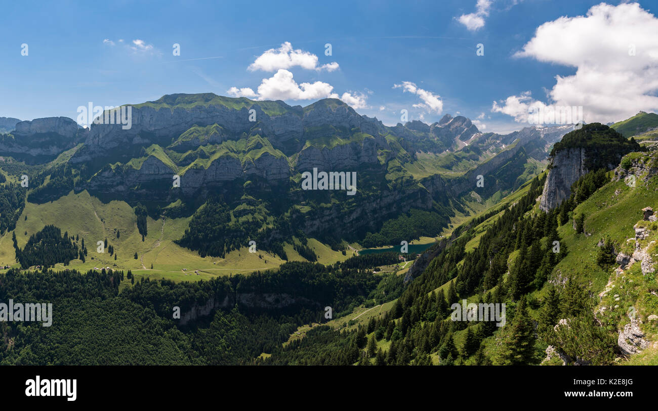 View from Ebenalp of Alpstein and Seealpsee, Canton of Appenzell Innerrhoden, Switzerland Stock Photo