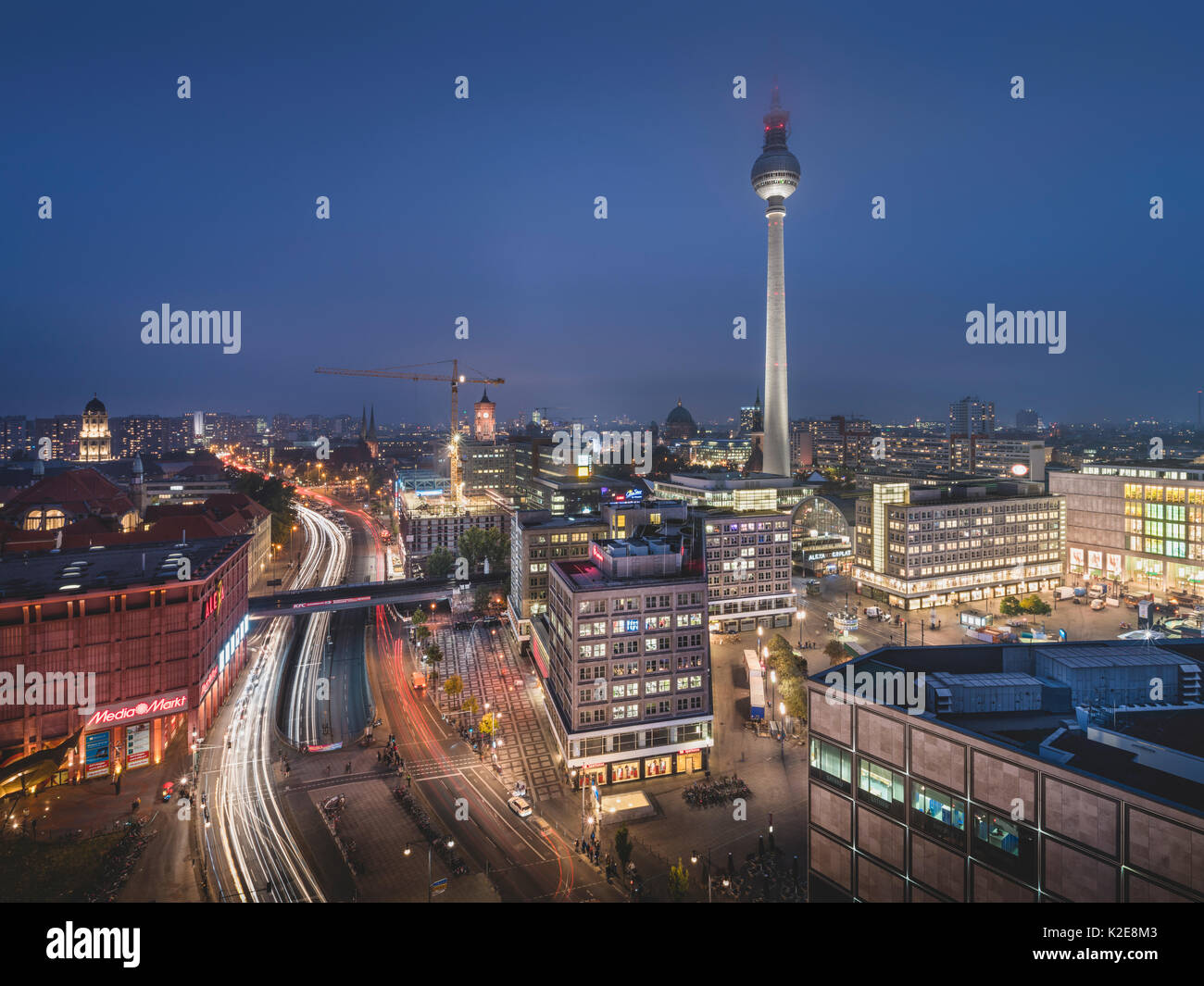 View of Alexanderplatz and Berliner Fernsehturm, blue hour, Berlin, Germany Stock Photo