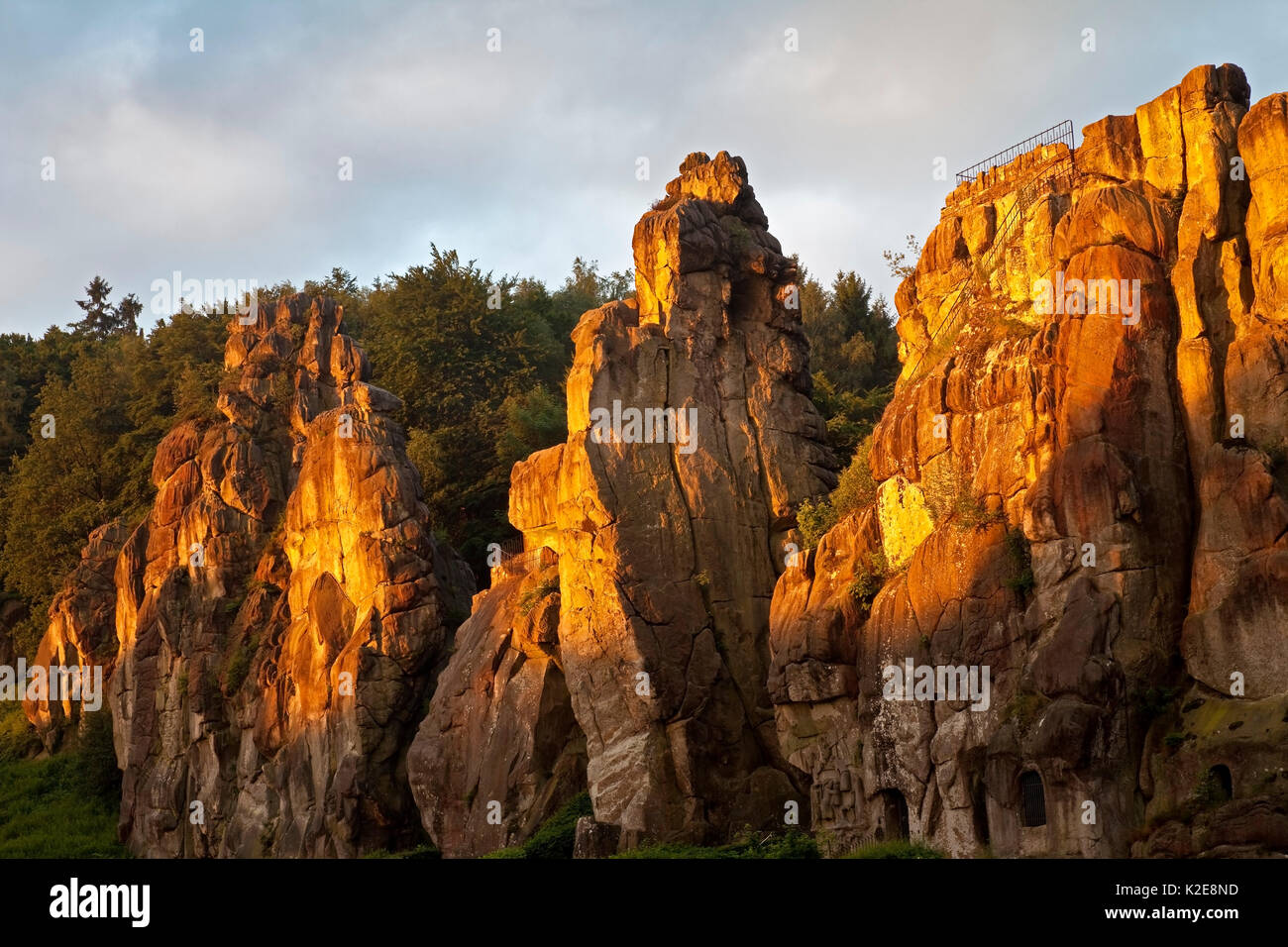 Extern stones, Externsteine, sunrise, sandstone formation, Teutoburg Forest, Horn-Bad Meinberg, North Rhine-Westphalia, Germany Stock Photo