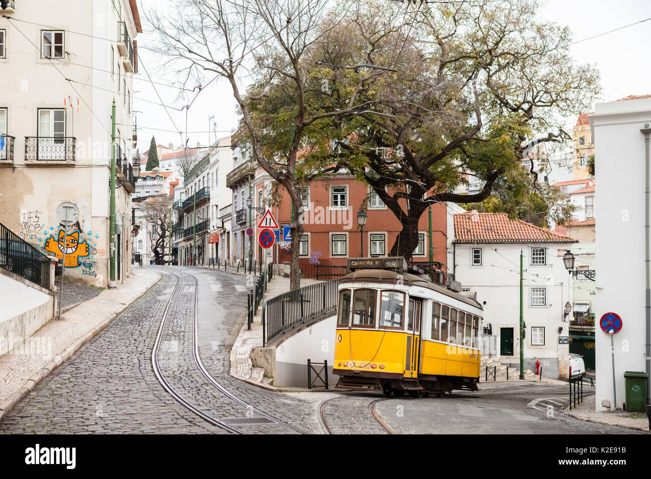 Yellow tram in Lisbon Stock Photo