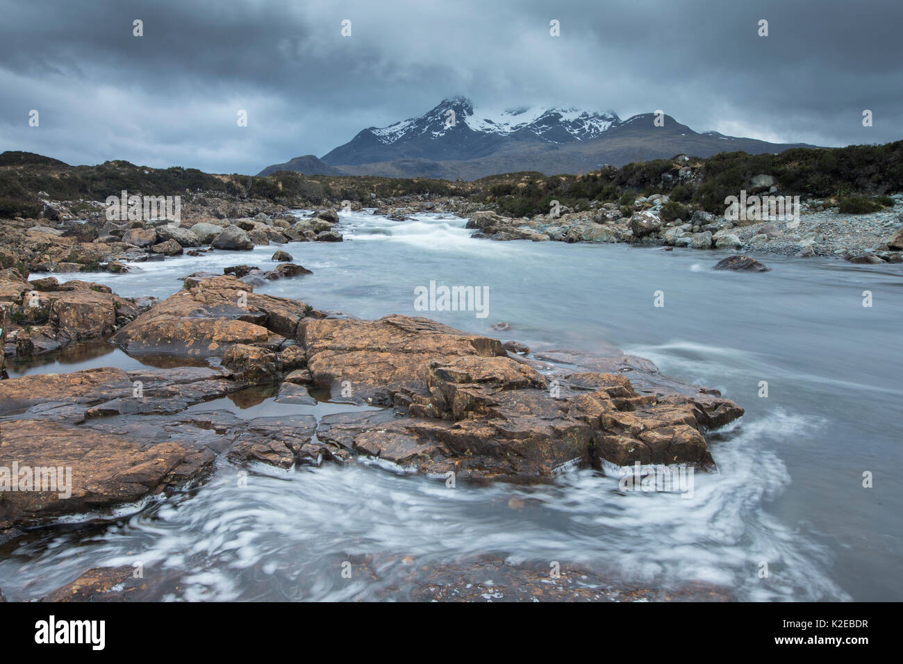 River Sligachan flowing through rocks, Isle of Skye, Scotland, UK, March 2014. Stock Photo