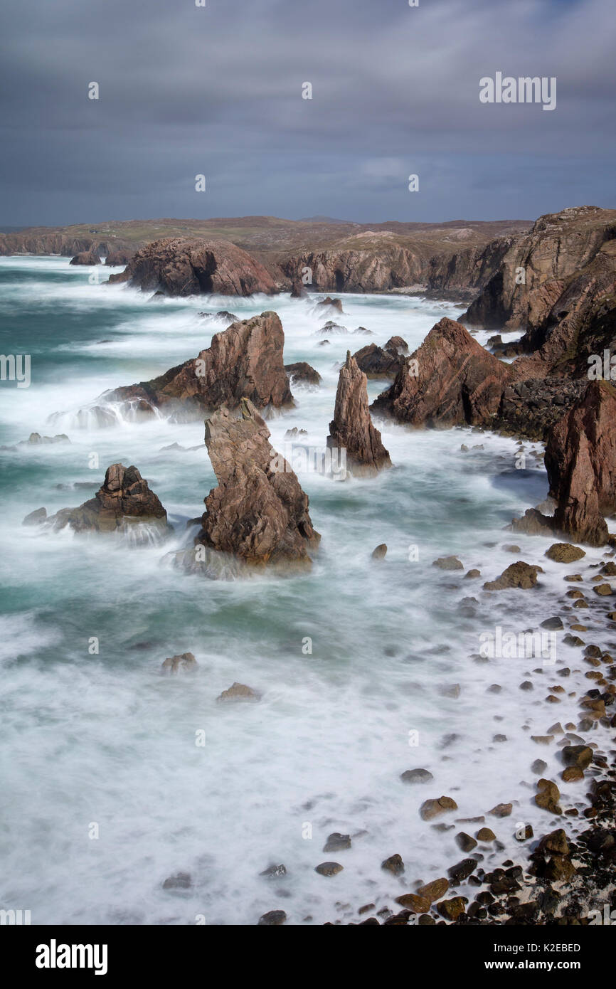 Sea stacks in stormy sea, Mangurstadh / Mangersta, Isle of Lewis, Outer Hebrides, Scotland, UK, April 2014. Stock Photo