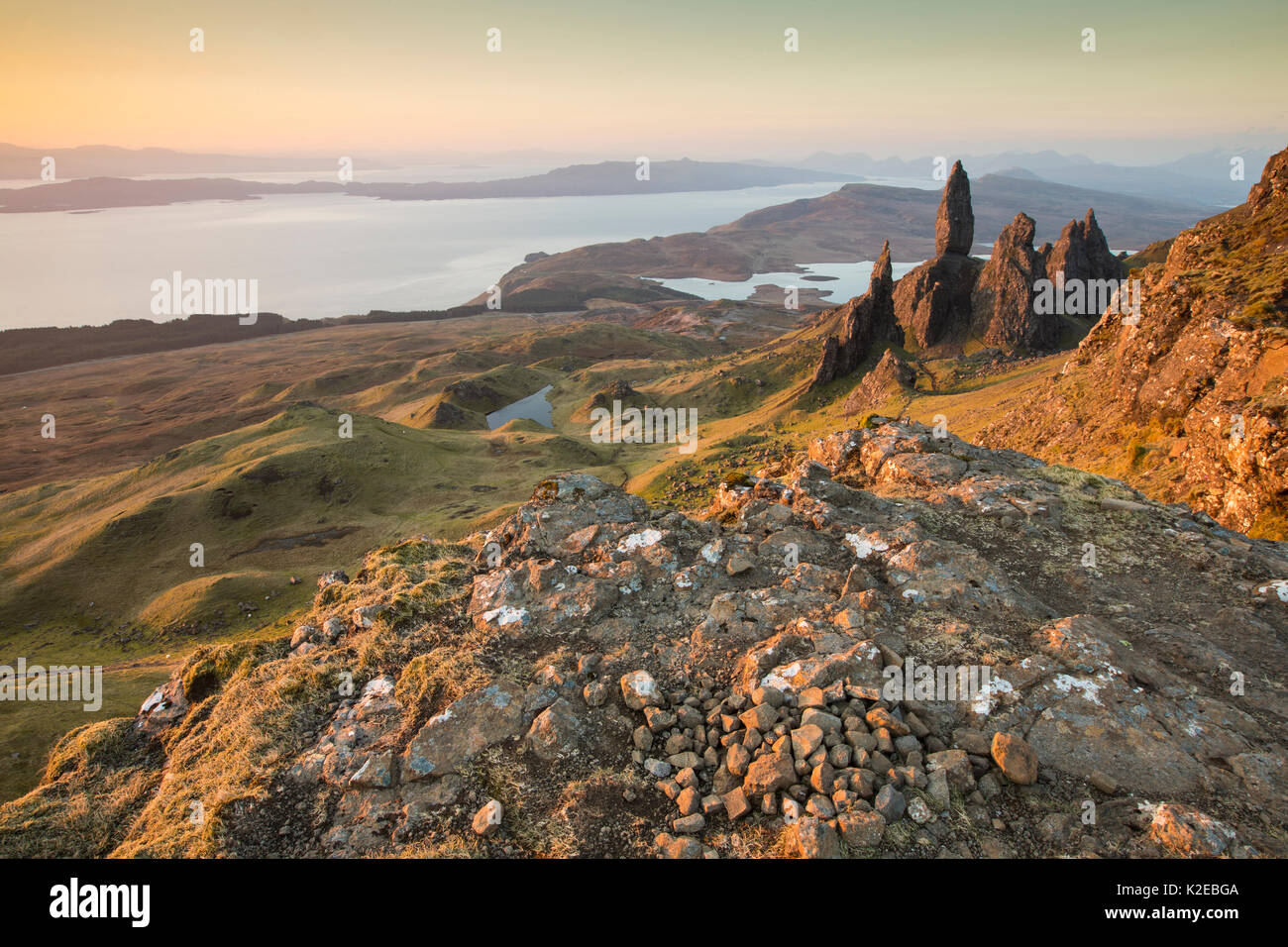 Old Mann of Storr at dawn, Isle of Skye, Inner Hebrides, Scotland, UK, April 2014. Stock Photo