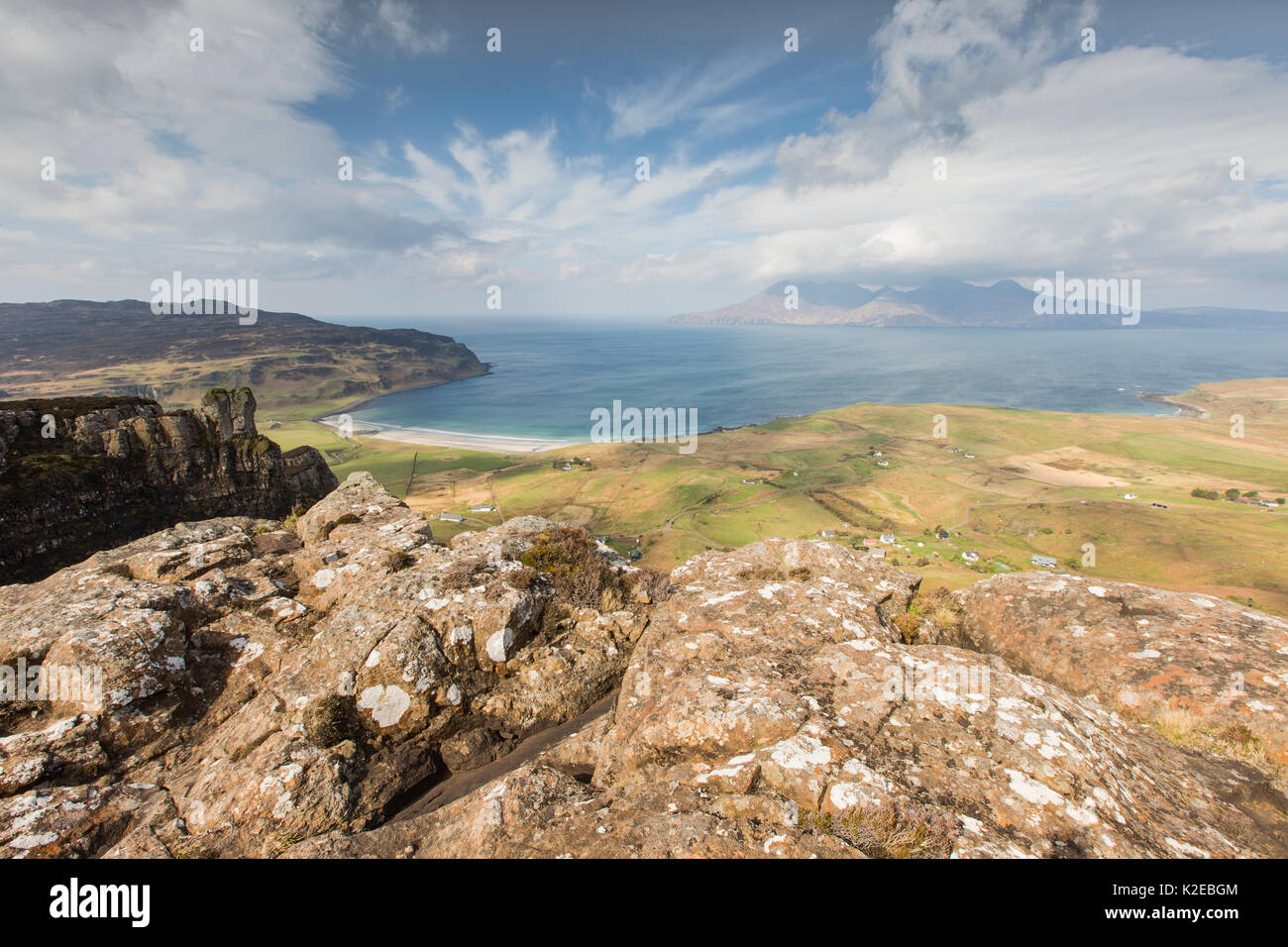 View over Cleadale, Isle of Eigg towards Isle of Rum, Inner Hebrides, Scotland, UK, April 2014. Stock Photo